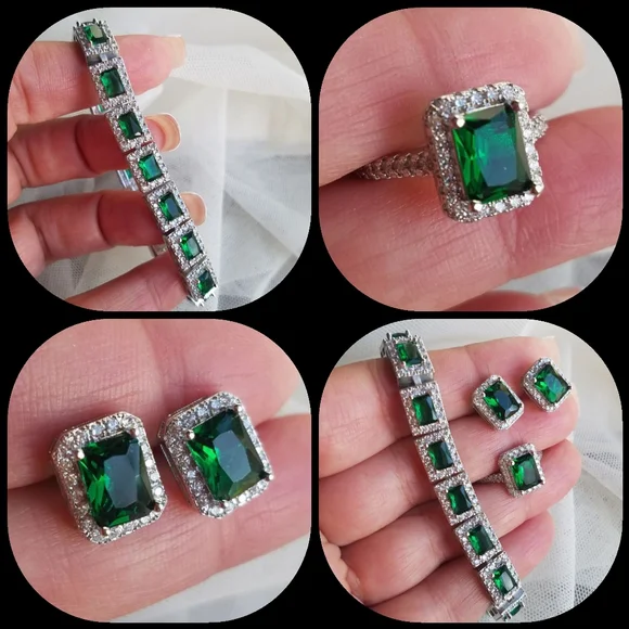 Swarovski Elements 925 Sterling Silver Emerald Green HaloEarrings NEW - Picture 4 of 14